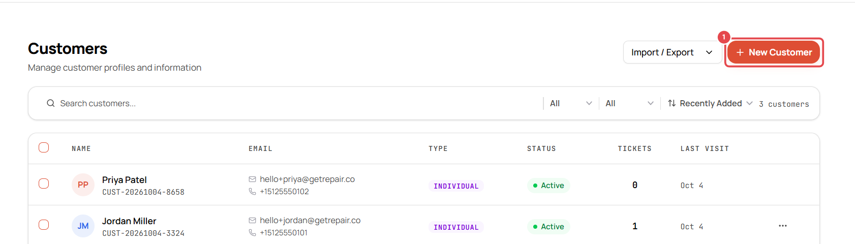 Customers page with the New Customer button