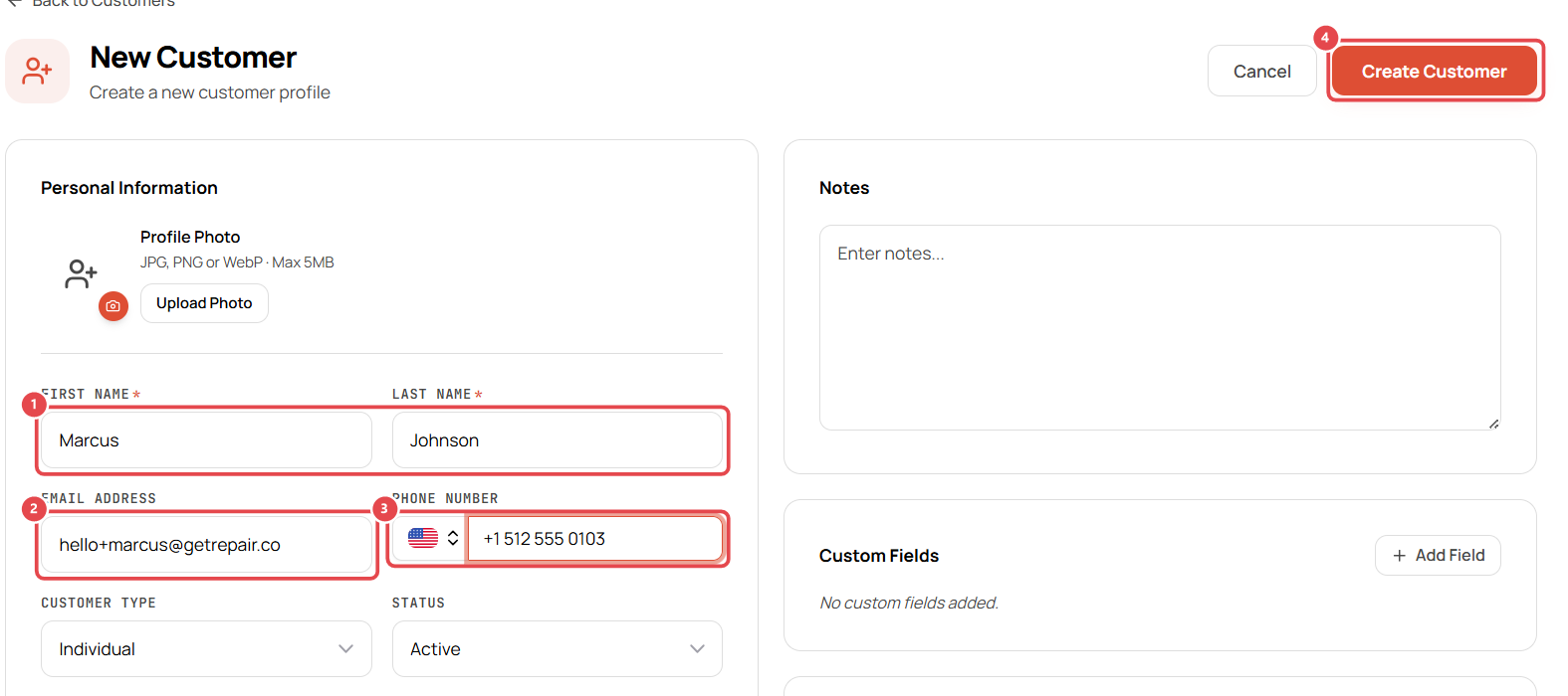 New Customer form