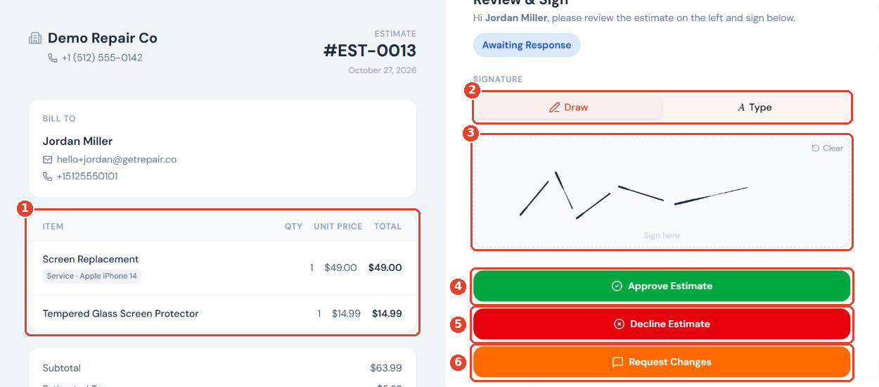 Customer review and sign page