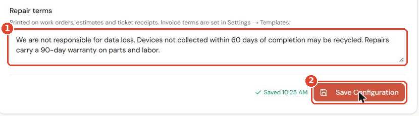 Repair terms setting