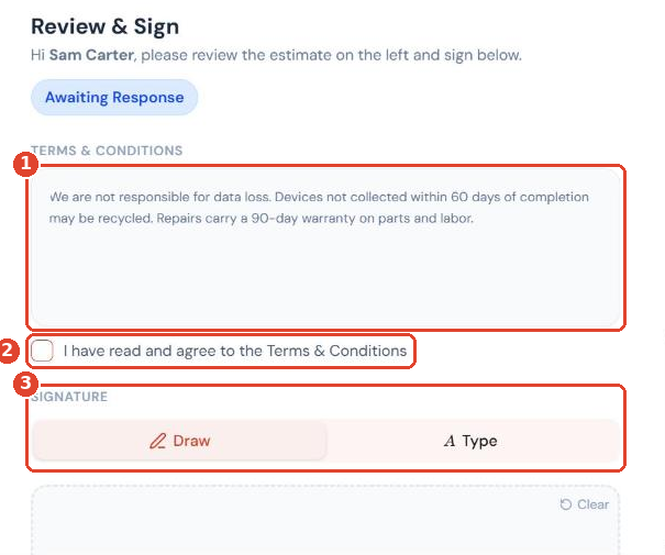 Terms on the approval page