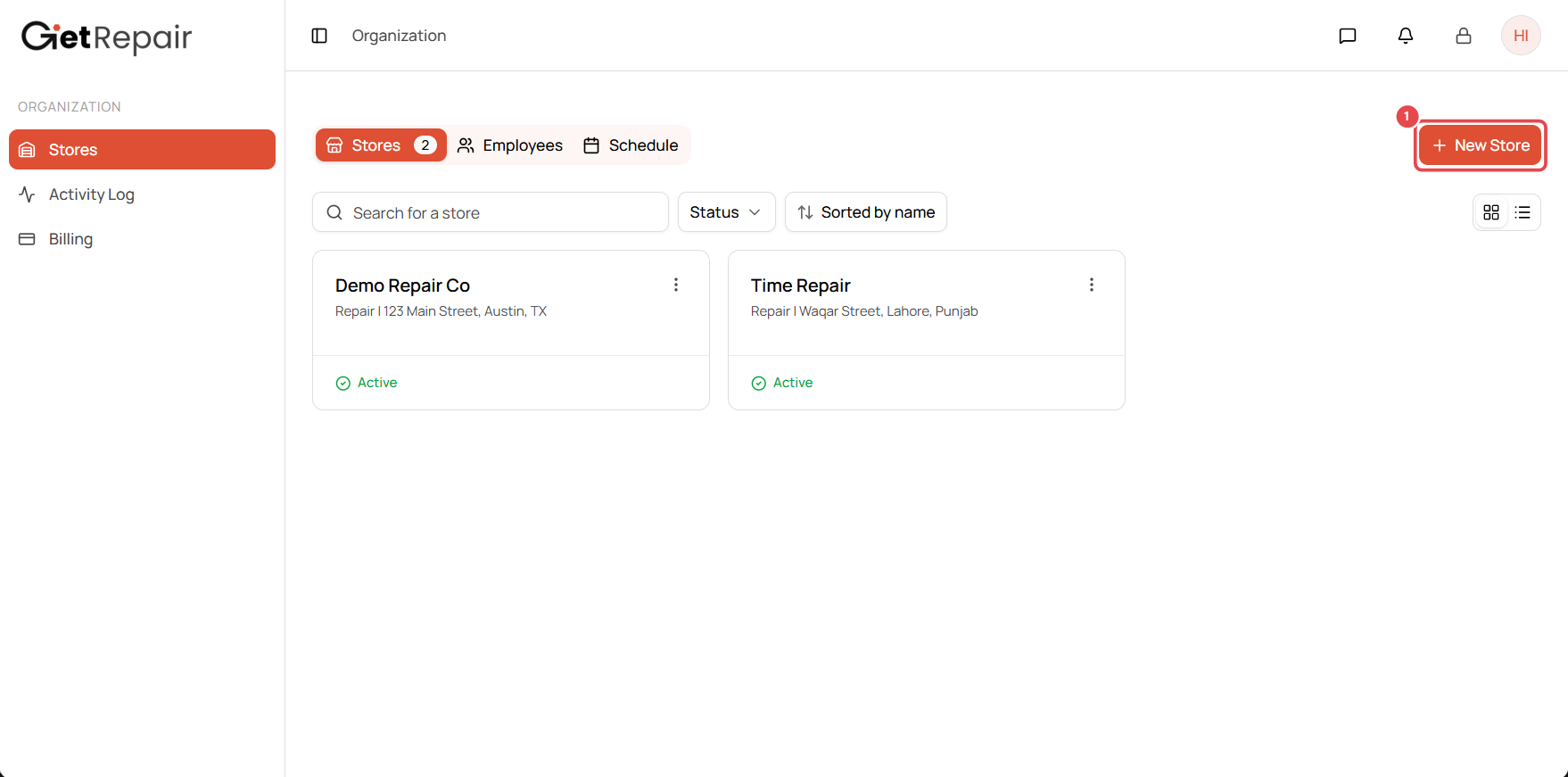 Stores page with the New Store button highlighted