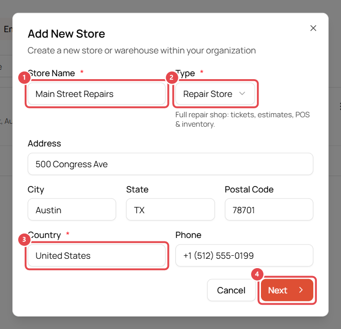 Add New Store form with Store Name, Type, Country and Next highlighted