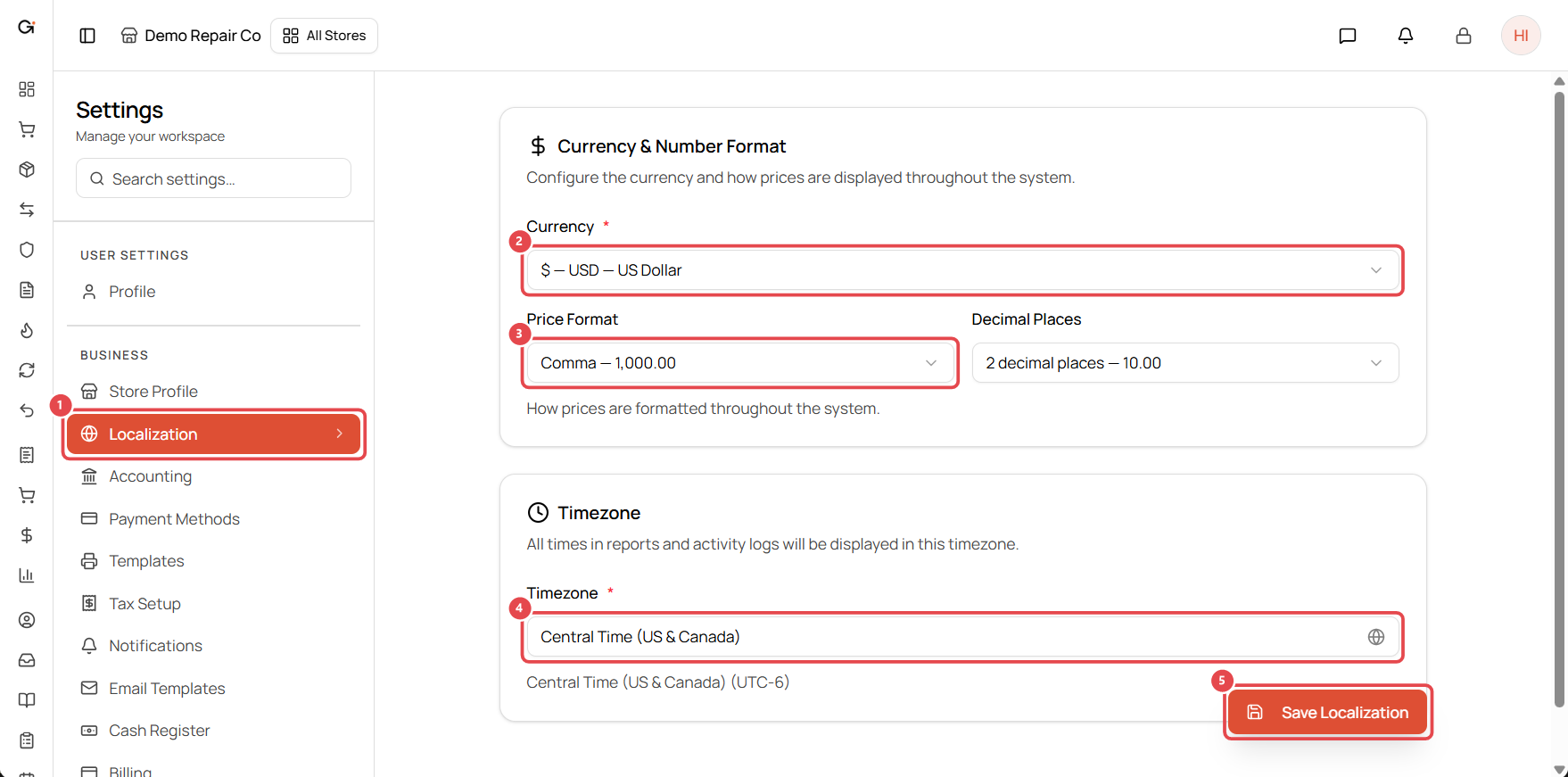 Localization settings with Currency, Price Format, Timezone and Save highlighted