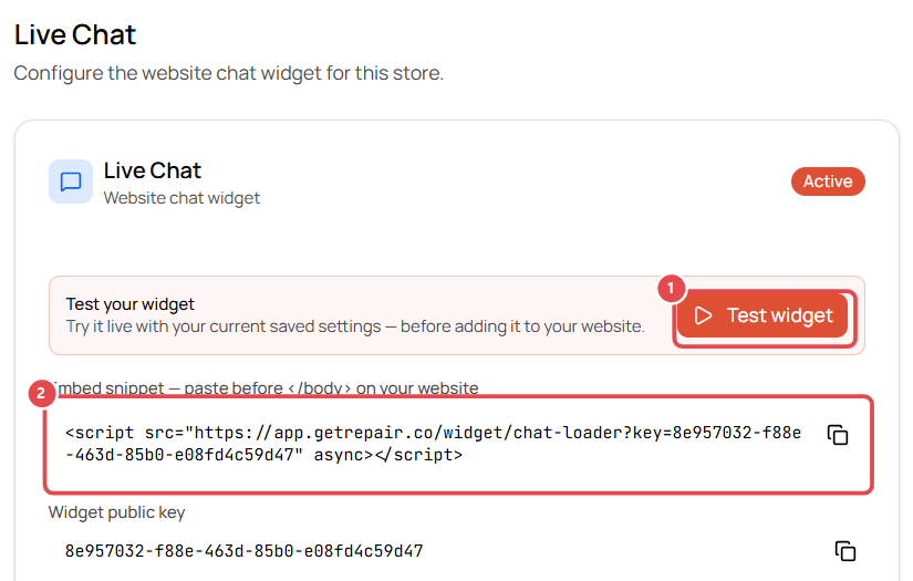 Test widget and embed snippet