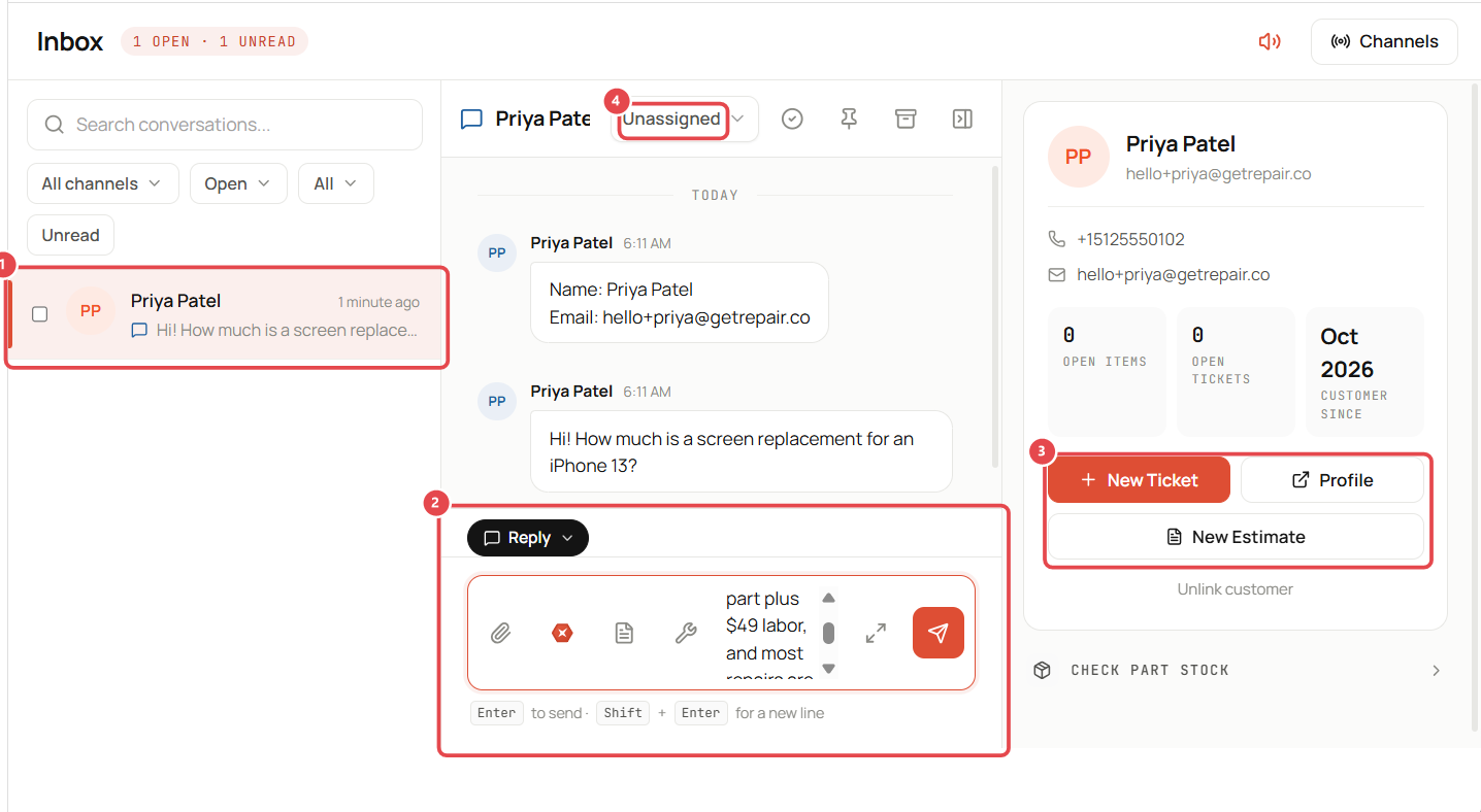 Inbox conversation with reply box and customer panel