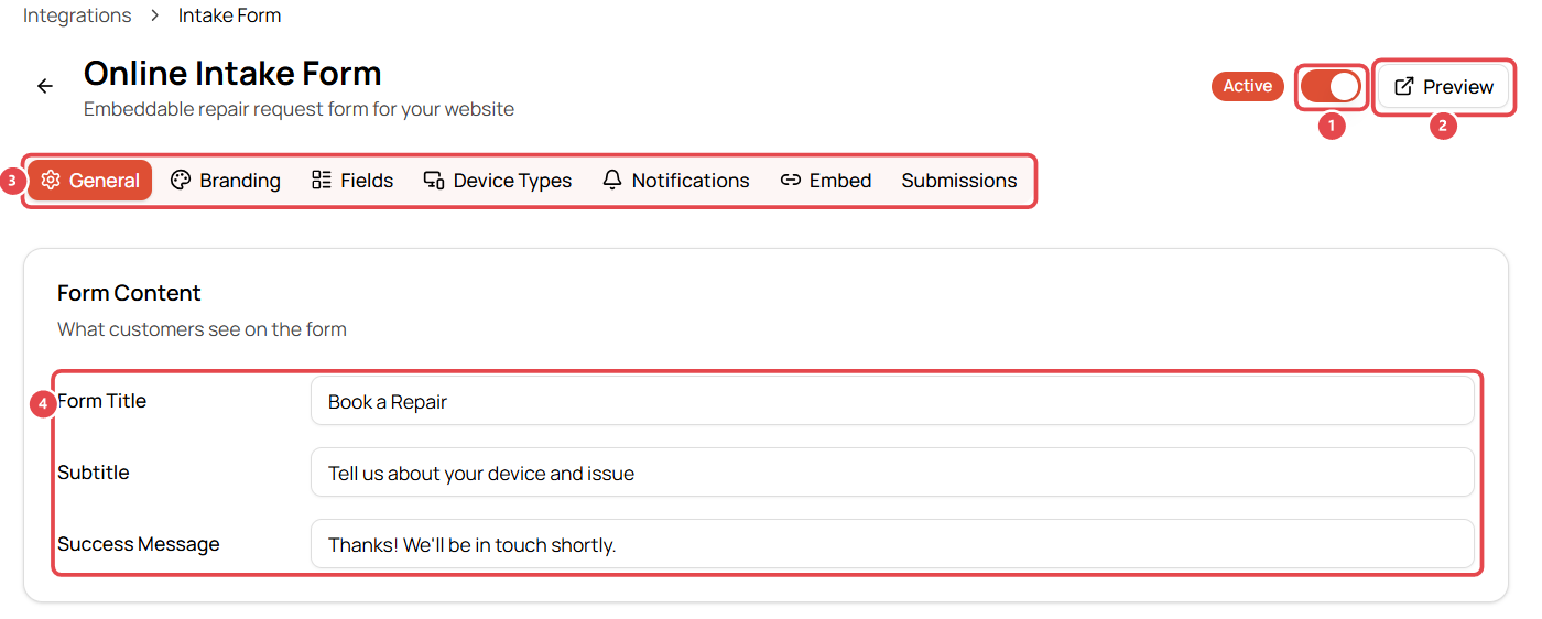 Intake form settings: General tab