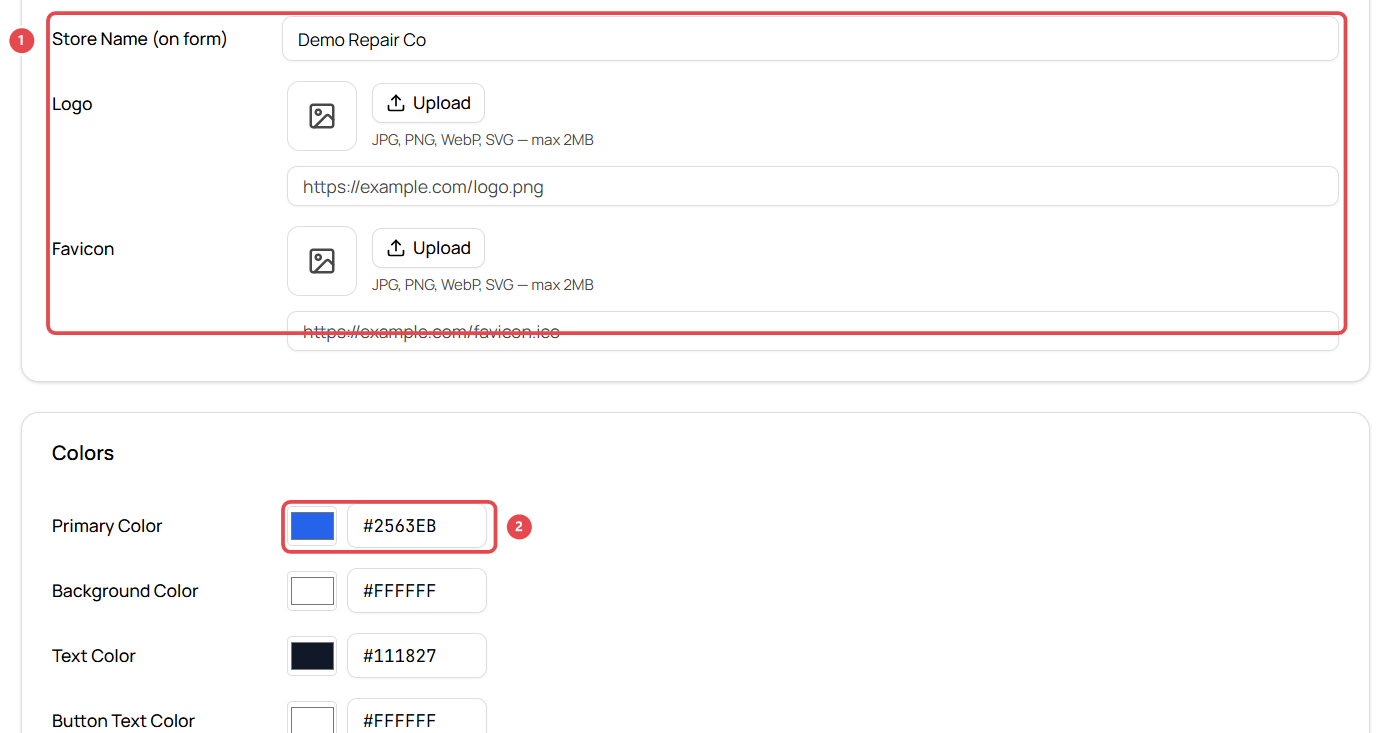 Intake form: Branding tab