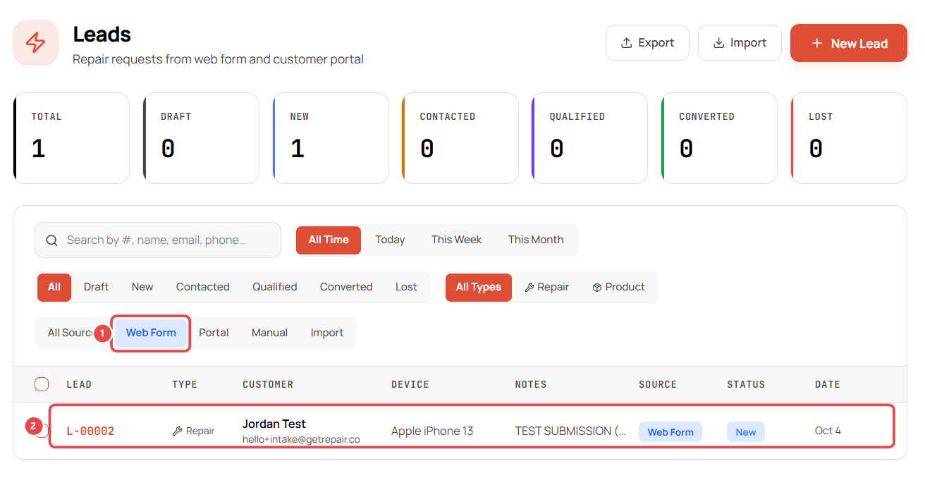 Leads filtered to Web Form