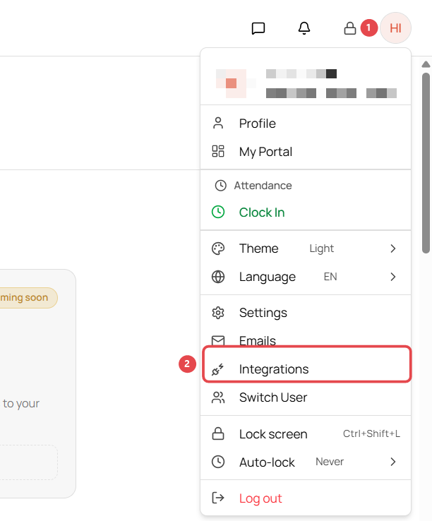 Profile menu with Integrations
