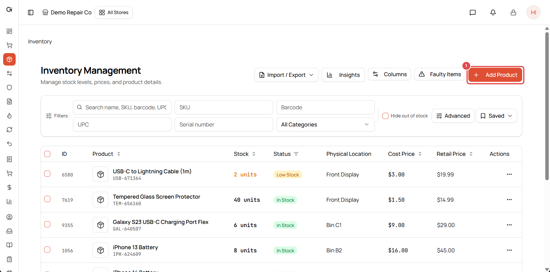 Inventory Management with the Add Product button