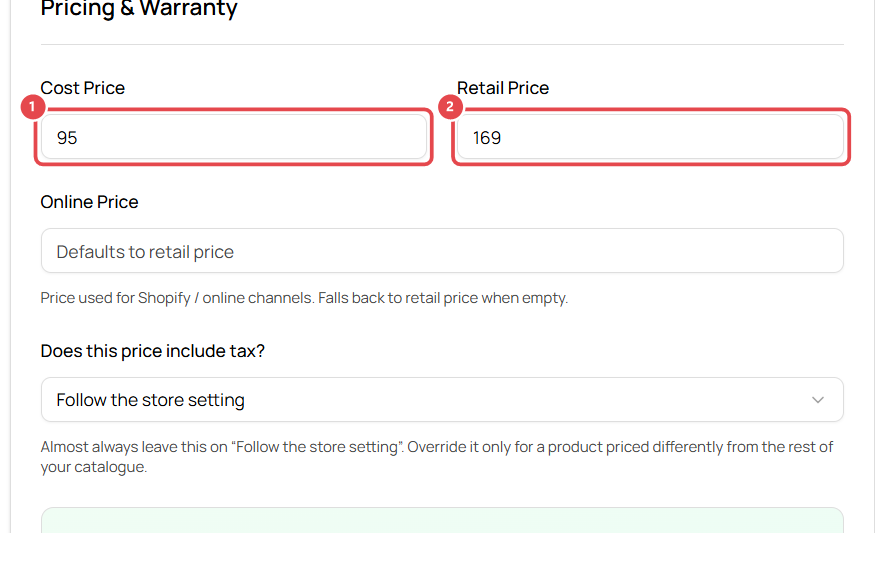 Cost and retail price