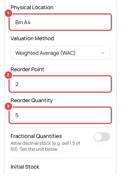 Location, reorder point and reorder quantity