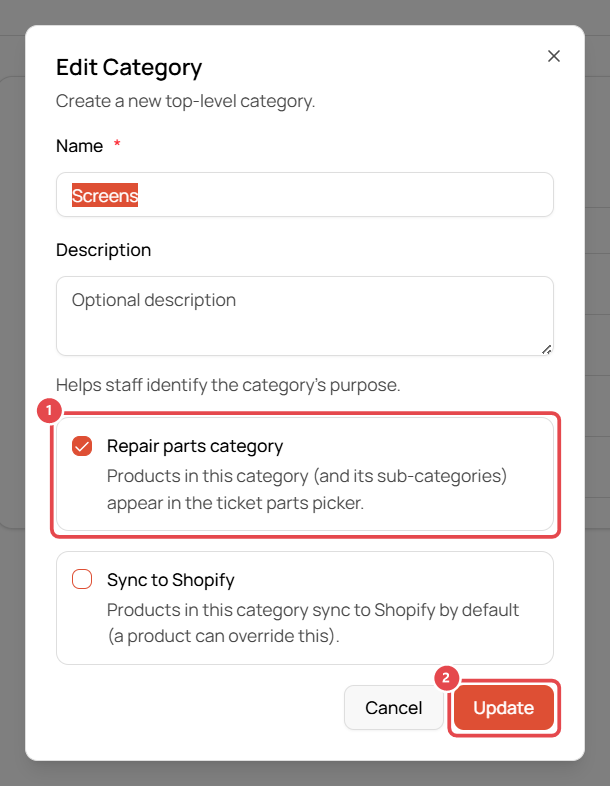 Edit Category with Repair parts category turned on