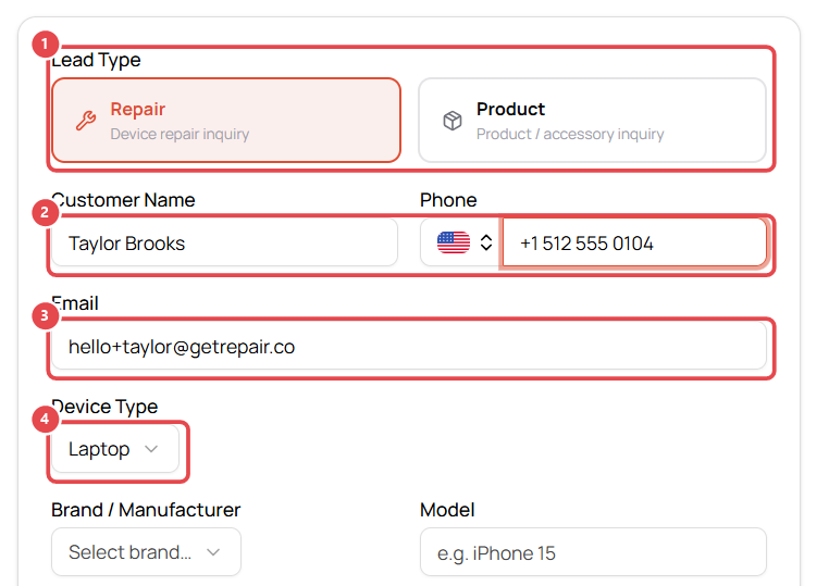 New Lead: type, customer and device type