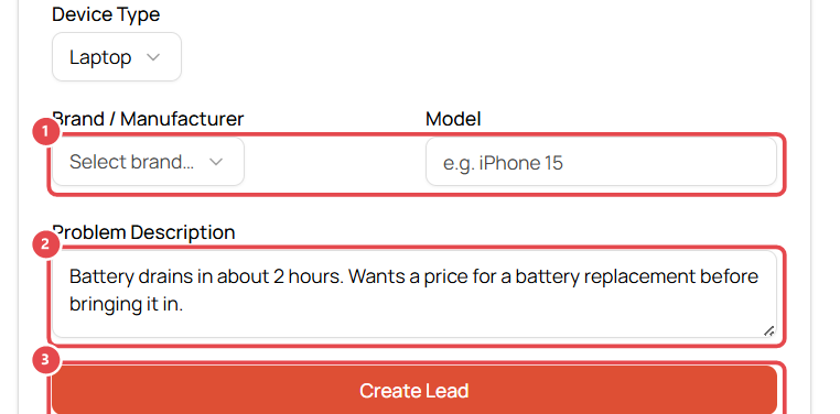 New Lead: device details, problem description and Create Lead