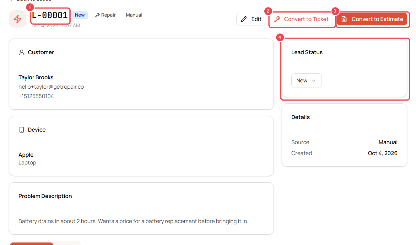 Lead detail with convert buttons and status