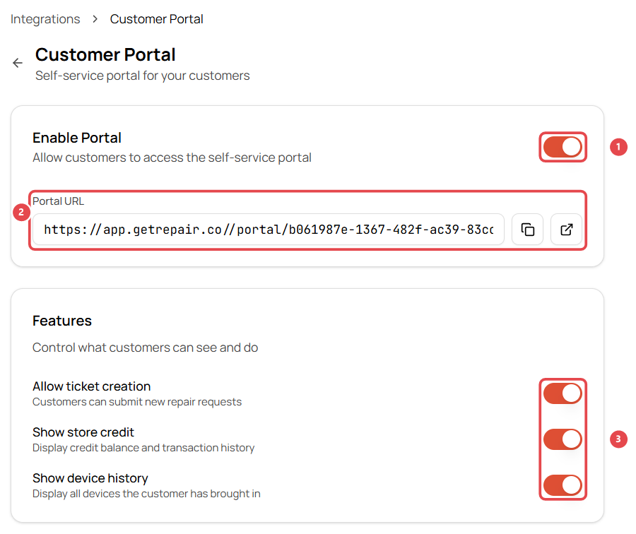 Customer Portal: Enable Portal, Portal URL and Features