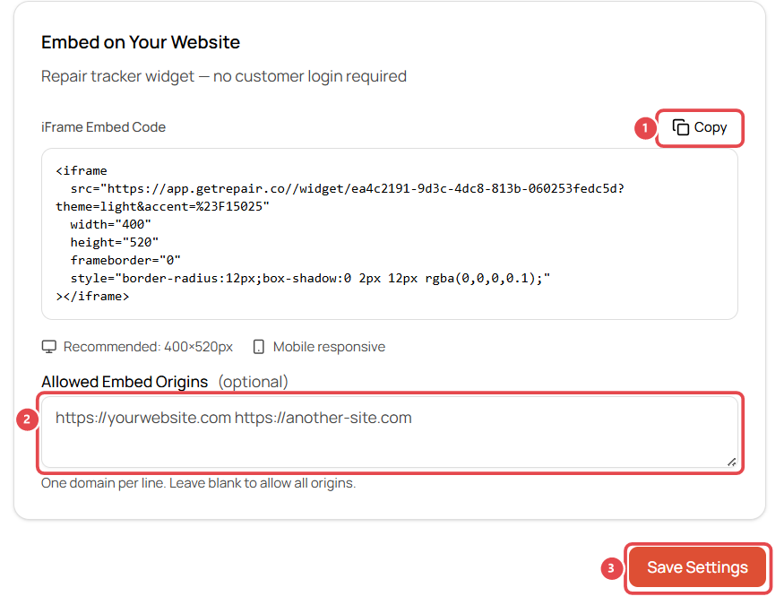 Customer Portal: tracker embed code