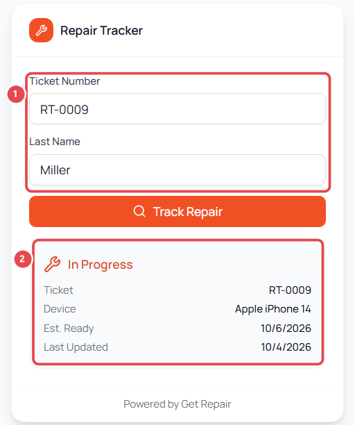 Repair tracker showing a ticket's status