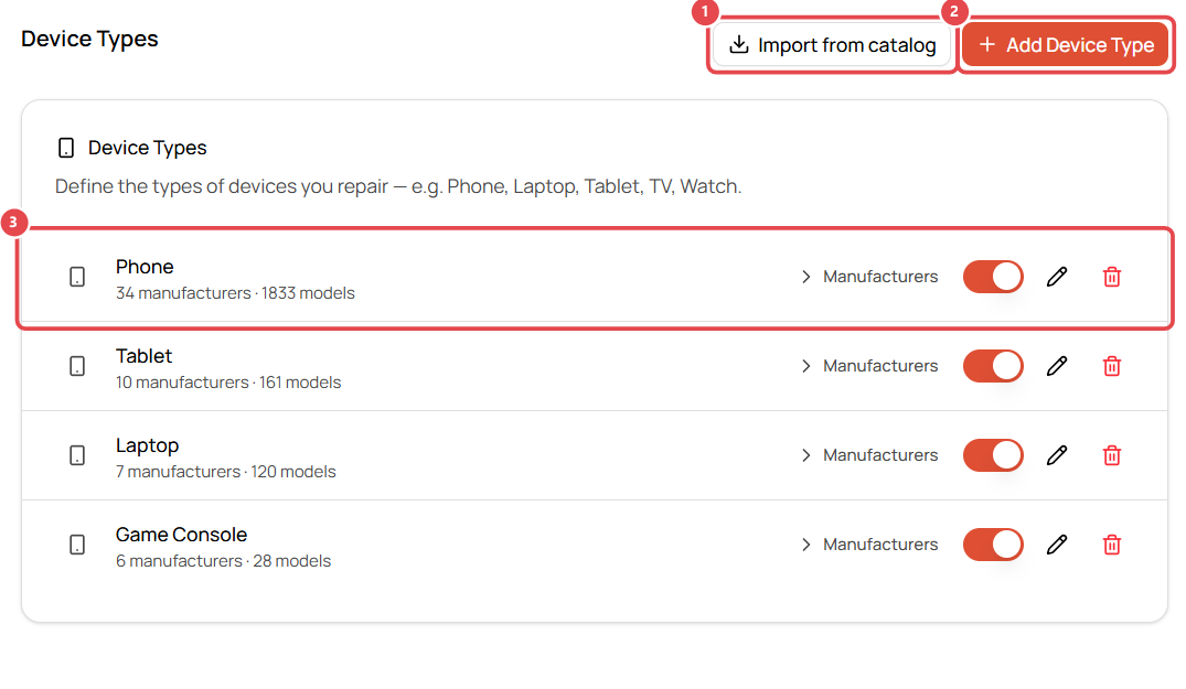 Device Types page with Import from catalog highlighted
