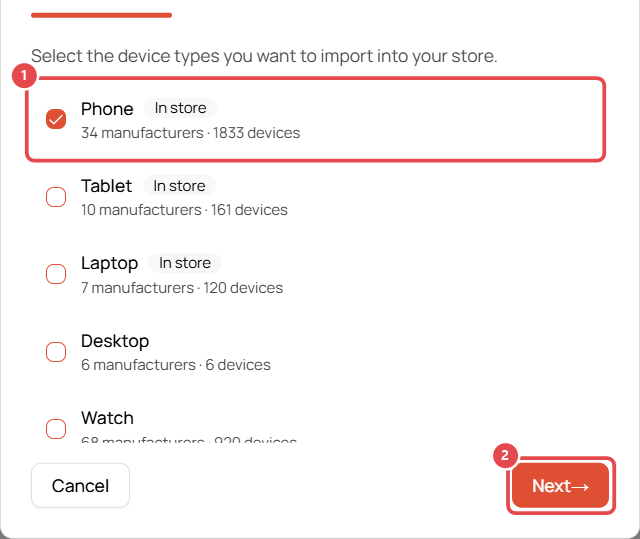 Select the device types to import