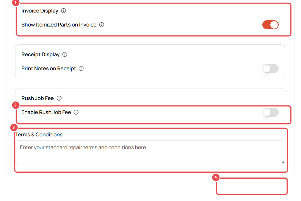Repair Configuration: invoice display, rush fee, terms and save