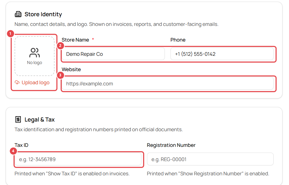 Store Profile: logo, name, phone, website and Tax ID