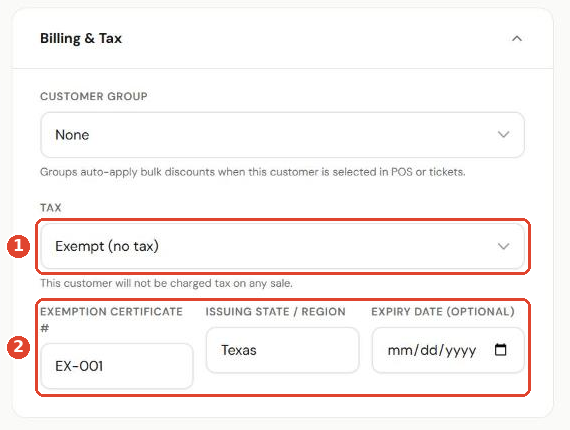 Tax exempt settings