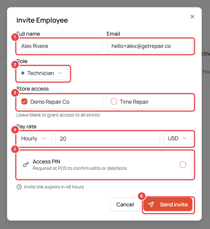 Invite Employee form