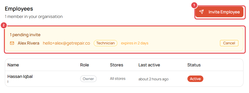 Pending invite on the Employees page