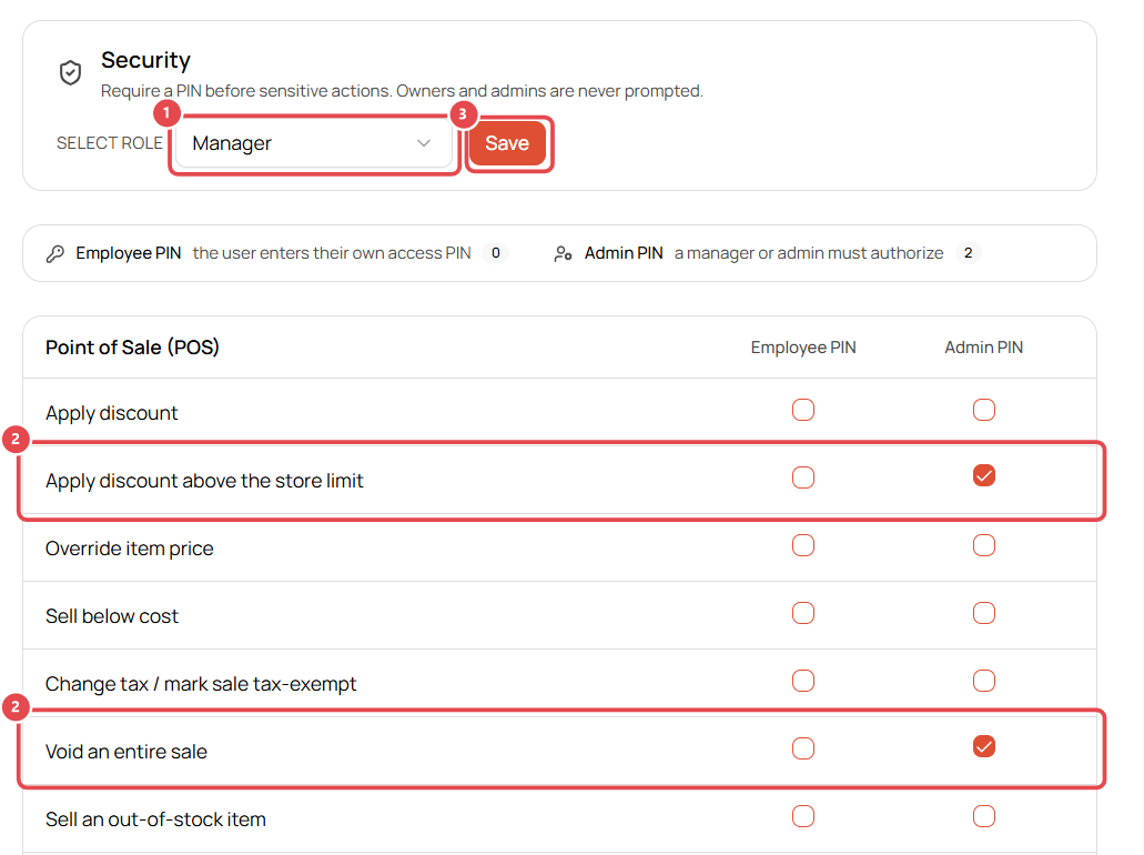 Security Checks with Admin PIN ticked for two POS actions