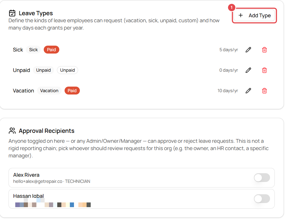 Leave types and approval recipients