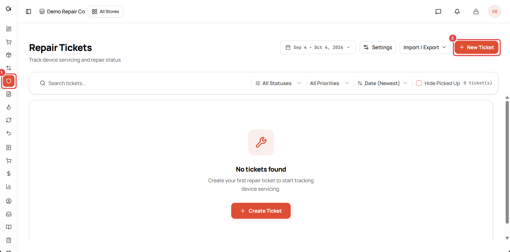 Repair Tickets page with the New Ticket button