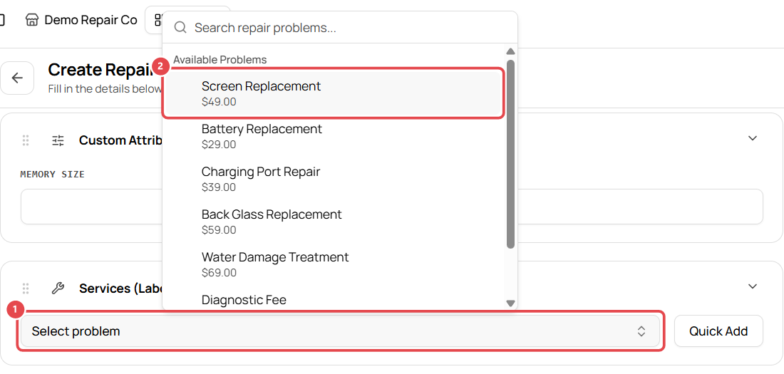 Select the repair service