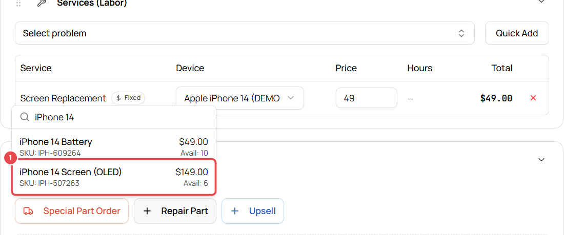 Search for and select the part