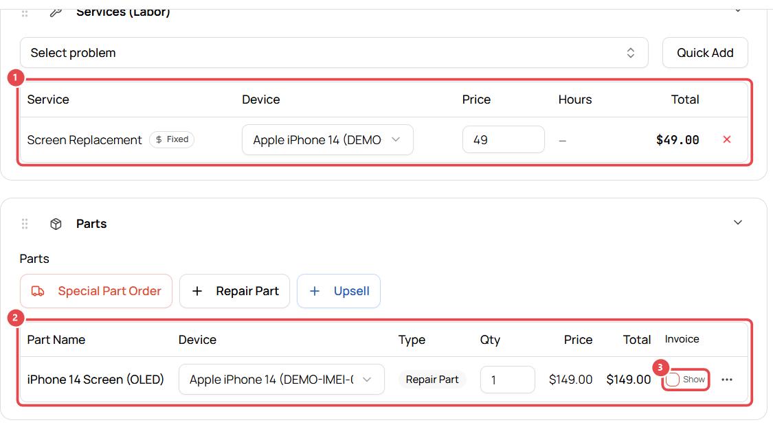 Service and part added to the ticket