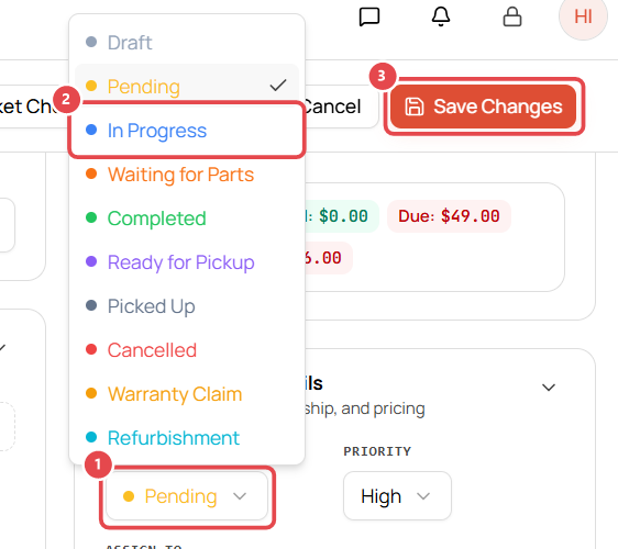 Change the ticket status and save